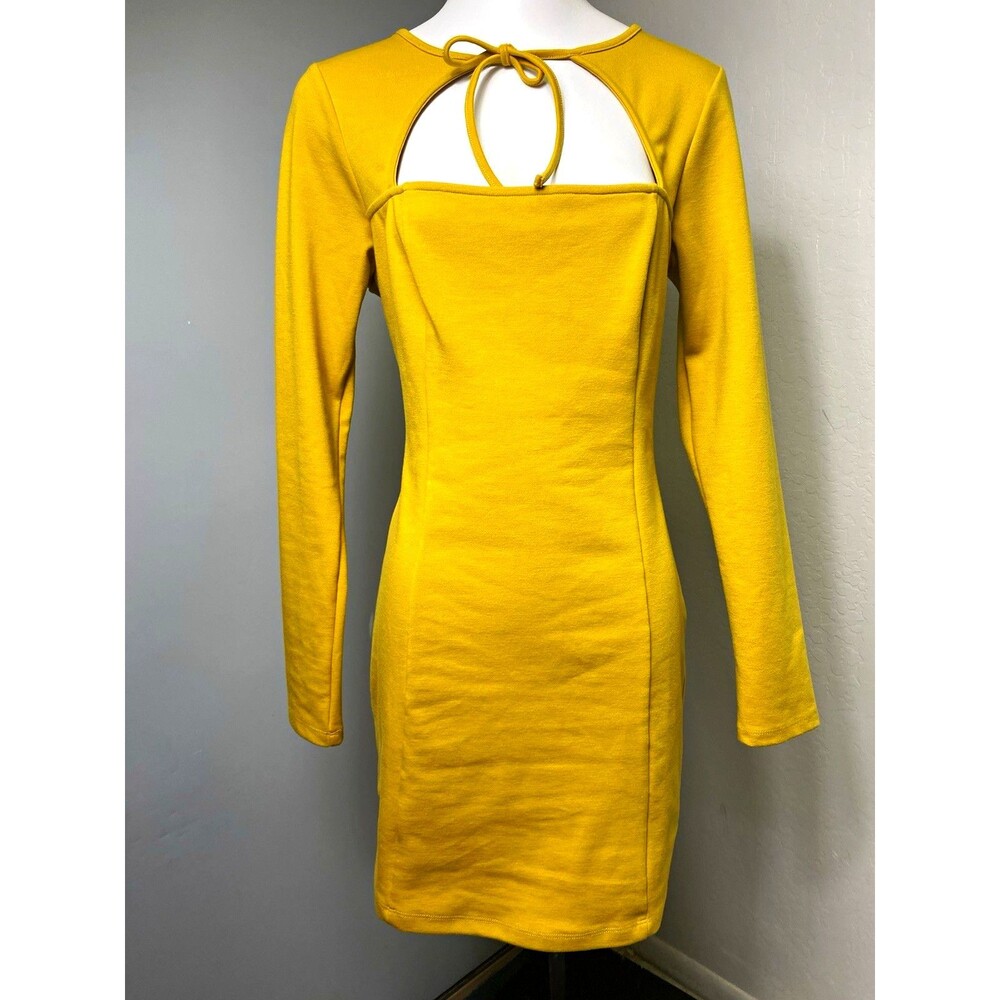 TOBI Women's L Yellow Knit Mini Dress Long Sleeve Round Neck Cut Out Stretch